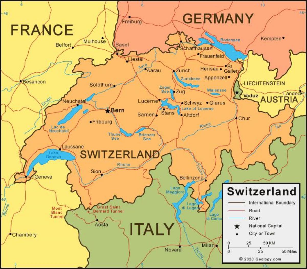 Mapa Szwajcarii i krajów graniczących