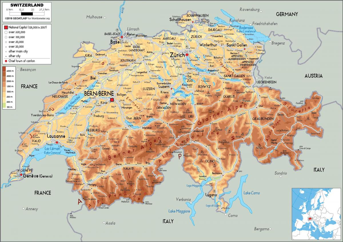 Mapa ukształtowania terenu Szwajcarii
